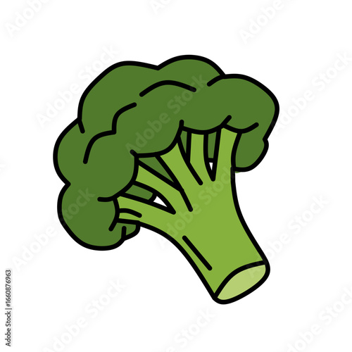 A single head of broccoli dominates the frame, presented in a cartoon style. The broccoli is positioned centrally, slightly angled to the right. Its florets are a vibrant, rounded mass of dark green, 