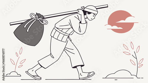 a man carrying a large bag on a stick.