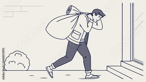 Man carrying large bag walking down street.