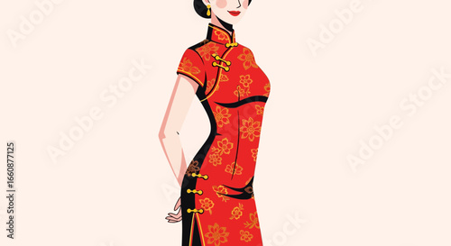 Illustration of a woman wearing a traditional red Chinese dress with gold floral patterns, standing gracefully with her hands behind her back.