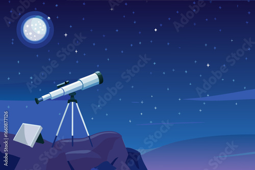 Telescope on a rocky outcrop under a starry night sky with full moon