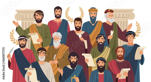 Illustration of a group of ancient Greek philosophers and scholars in togas, some holding scrolls, standing in front of classical columns.