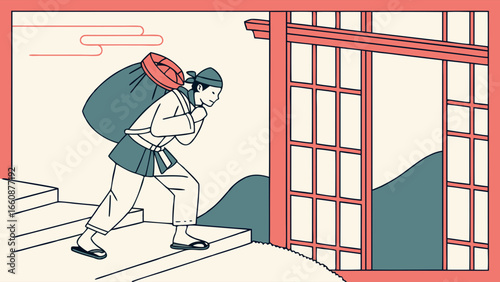 person walking up stairs with large backpack.