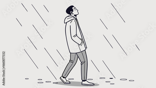 a man walking alone in the rain.