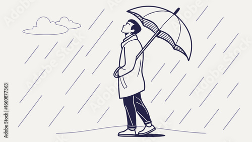 Man walking alone in the rain with umbrella.