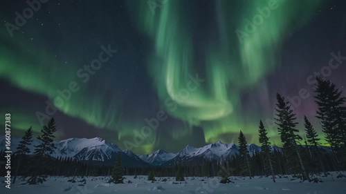 A stunning night view with the bright green aurora borealis (northern lights) arcing and dancing across the starry sky. Below, snow-capped mountains are surrounded by forests of snow-covered pine tree