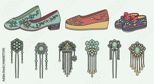 Collection of traditional Asian footwear and ornate hair accessories, presented in a flat, illustrative style.