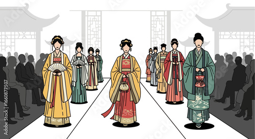 Elegant women in traditional Chinese Hanfu garments gracefully walk a runway, showcasing exquisite embroidery and accessories before an audience.