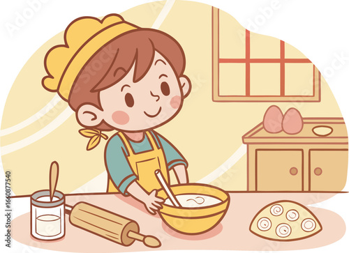 Cute vector illustration of a young chef mixing ingredients in a kitchen