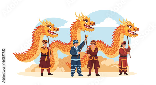 Illustration of a Chinese dragon dance performance with five performers holding up the dragon against a backdrop of clouds.