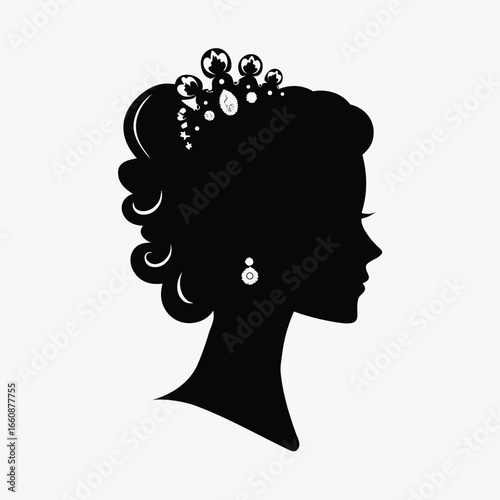 Elegant woman in profile with tiara and earrings silhouette portrait