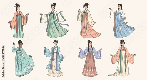 Eight elegant illustrations of women in traditional Hanfu attire, showcasing diverse styles and colors.
