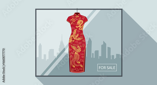Vibrant Red Cheongsam Dress with Golden Dragon Embroidery For Sale in Store Window, City Reflection