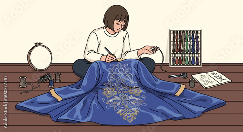 A young woman meticulously embroidering a detailed, blue robe, surrounded by embroidery supplies.