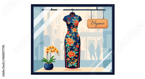 Elegant cheongsam displayed in a boutique window, adorned with floral embroidery, orchids, and a "Elegance" sign.