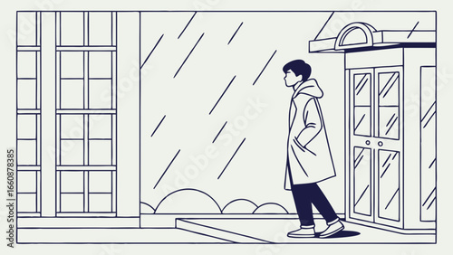 A person walking alone on a rainy day.