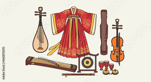 Traditional Chinese musical instruments and attire, a collection of cultural artifacts.