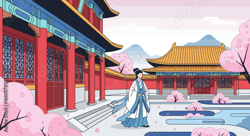 A woman in traditional Chinese clothing walks through a courtyard with red buildings and blossoming cherry trees, with mountains in the background.
