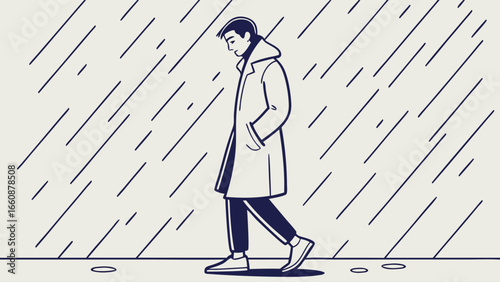 A man walking alone in the rain.