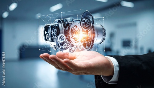 The cross-section of an aircraft engine and its rotating gears floating above your hand, giving the impression of advanced manufacturing.