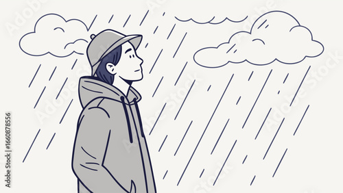 man in raincoat standing in rain.