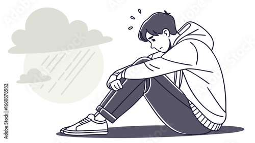 Sad young man sitting alone on the ground.