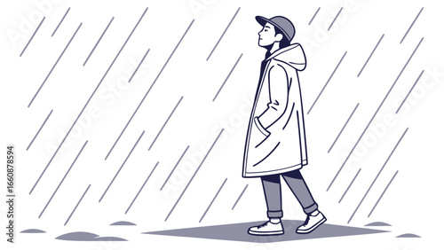 a man walking alone in the rain.