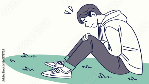 A young man sitting on the ground looking sad and dejected in a simple line drawing.