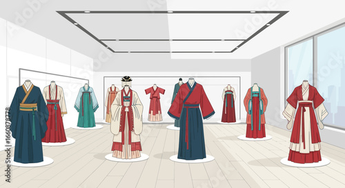 Elegant Hanfu garments displayed in a modern art gallery setting.