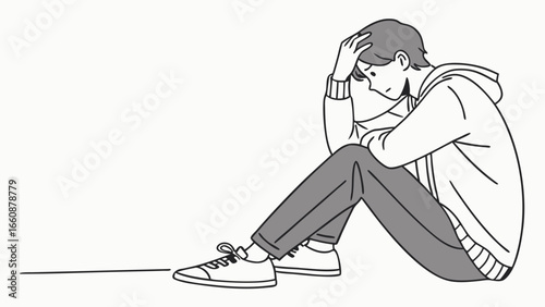 A man sitting on the ground looking stressed.