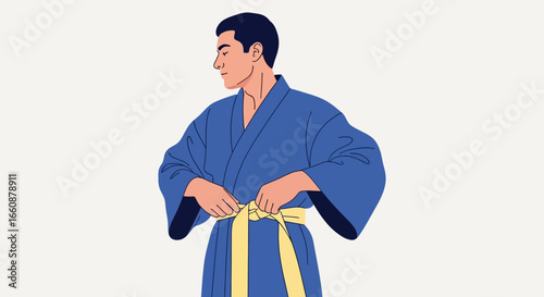 Illustrated man tying a yellow belt on his blue martial arts uniform, side profile view.