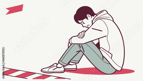 Sad young man sitting alone on ground.