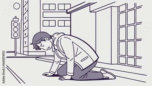 Man kneeling on city street looking down.