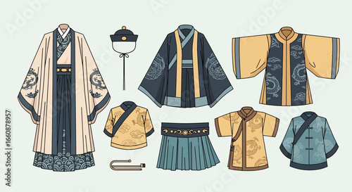 Elegant collection of traditional Chinese Hanfu clothing, showcasing various styles and accessories for different ages and genders.