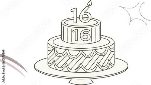 Line art illustration of a two-tiered birthday cake with the number 16 and a candle on top, suitable for a sweet sixteen celebration.