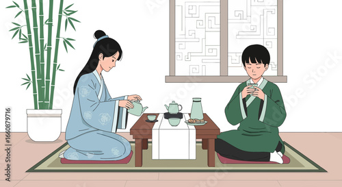 Two people in traditional attire enjoying a tea ceremony, indoors, with bamboo.