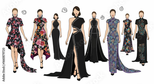 Fashion illustration featuring eight diverse women showcasing elegant evening gowns in various styles and colors, including floral prints and sleek black designs.