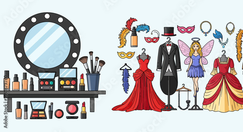 Makeup, costumes, and accessories for a theatrical performance or masquerade ball.