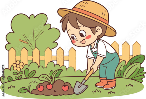 Cartoon vector illustration of a boy gardening with shovel, growing vegetables in the backyard