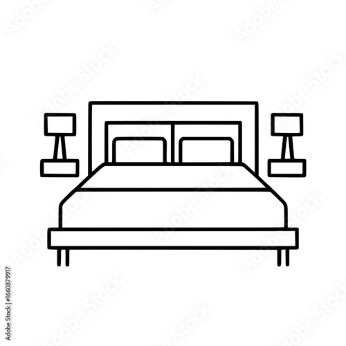 Minimalist outline icon of double bed with bedside lamps for bedroom