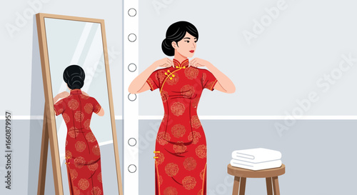 Asian woman in traditional red dress adjusting her qipao in front of a mirror.