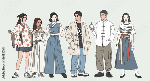 Six diverse individuals stand side-by-side showcasing modern interpretations of traditional East Asian clothing styles, rendered in a clean, illustrative style.