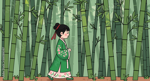Illustration of a young girl in traditional green clothing walking through a dense bamboo forest.