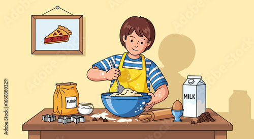 Happy boy baking in kitchen, mixing dough for cookies or cake. Child learning to cook with ingredients. Home activity.