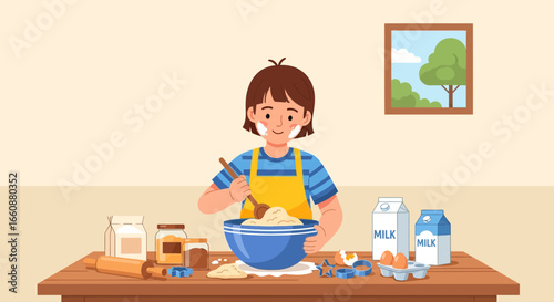 A young person, wearing an apron, is mixing ingredients in a blue bowl, preparing to bake.