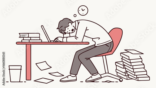 Tired student studying at desk with books.