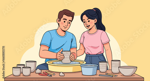 A young couple working together on a pottery wheel, shaping clay into mugs.