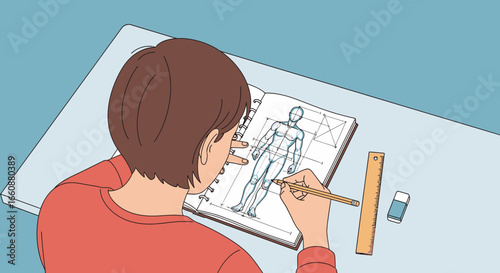 Young artist meticulously sketching anatomical figure study in sketchbook.