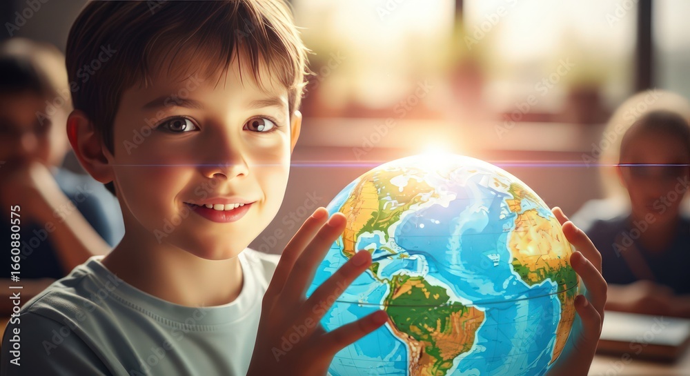 Smiling Boy Holding Globe in Classroom, Future Generation and Environmental Awareness Smiling Boy Holding Globe in Classroom, Future Generation and Environmental Awareness