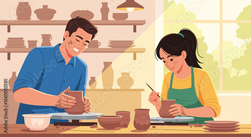 Smiling couple engaged in pottery, creating handcrafted bowls and vases in a cozy studio.